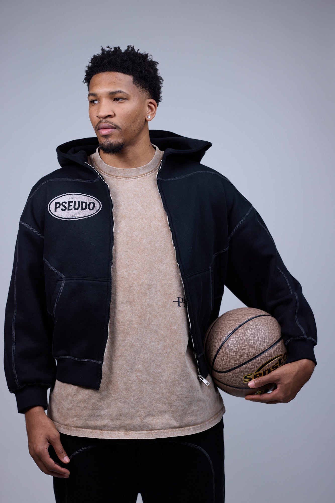 Black Contrast-Stitched Zip-Up