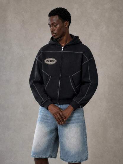 Contrast-Stitched Boxy Fleece Zip Hoodie